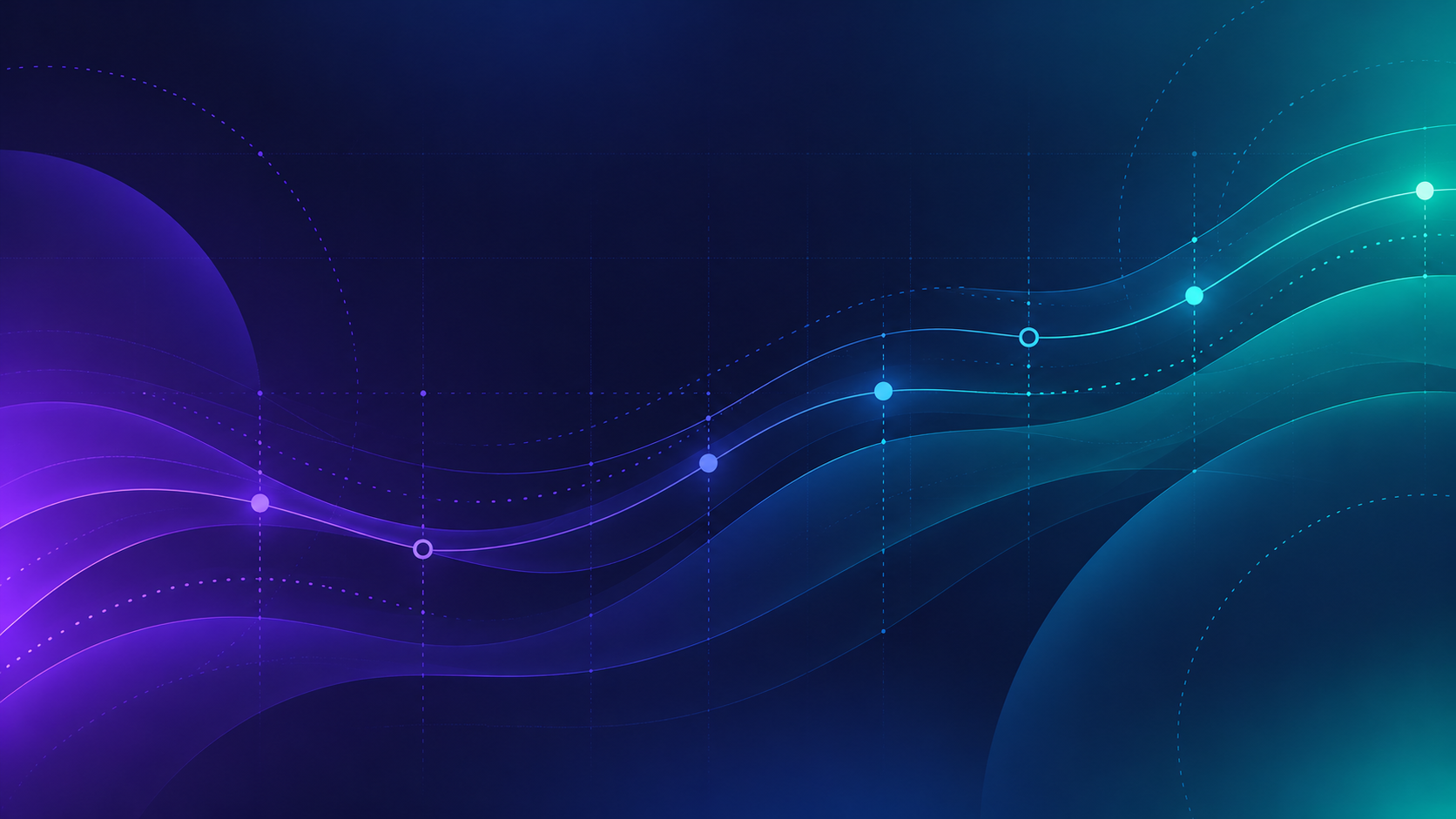 A glowing data line rising across a dark violet to teal background, with points marked along it.